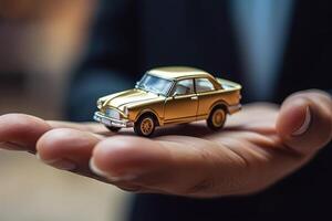 abgeschnitten Bild von ein Auto Modell- im Mensch Hand. generativ ai. foto