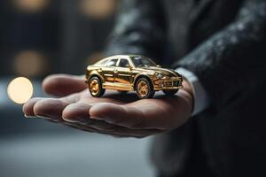 abgeschnitten Bild von ein Auto Modell- im Mensch Hand. generativ ai. foto