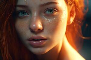 Porträt von ein attraktiv Mädchen mit rot Haar und Sommersprossen und Wasser Tröpfchen auf ihr Gesicht. generativ ai foto