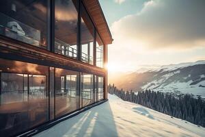ein Berg Luxus Hotel, ein Ski Hotel gegen ein Hintergrund von schneebedeckt Berge. generativ ai foto