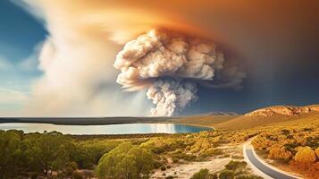 dramatisch Landschaft mit schwer Feuer und Züge von Rauch im Western Australien, Buschfeuer. generativ ai foto