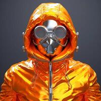 ein Mann tragen ein Gas Maske ist tragen ein hell Orange mit Kapuze Jacke. nuklear Winter Mode. generativ ai foto