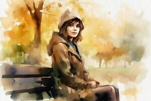 einsam jung Mädchen auf ein Park Bank, Herbst, Aquarell Gemälde auf texturiert Papier. Digital Aquarell malen. generativ ai foto