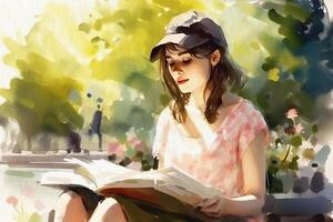 Mädchen lesen ein Buch im das Park auf ein Bank, ein Aquarell Gemälde auf texturiert Papier. Digital Aquarell malen. generativ ai foto