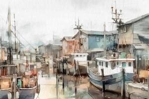 Hafen, retro Hafen mit Boote und Seebrücke, Seelandschaft gemalt mit Aquarelle auf texturiert Papier. Digital Aquarell malen. generativ ai foto