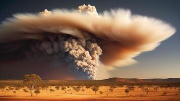 dramatisch Landschaft mit schwer Feuer und Züge von Rauch im Western Australien, Buschfeuer. generativ ai foto