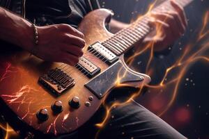 Felsen Gitarrist, Metall Rockstar spielen Gitarre mit Blitz auf das Saiten. generativ ai foto