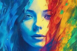Emotionen im Gesichter und Farben. emotional Frau mit bunt Farben betonen das emotional Zustand. generativ ai foto