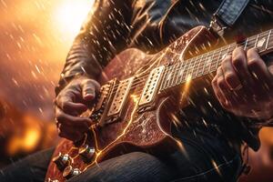 Felsen Gitarrist, Metall Rockstar spielen Gitarre mit Blitz auf das Saiten. generativ ai foto