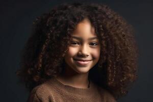 Porträt von ein lächelnd dunkelhäutig Mädchen mit lang, lockig Haar. generativ ai foto