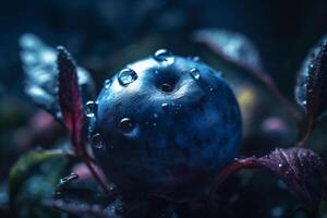 Blaubeeren mit Wasser Tröpfchen, Makro. generativ ai foto