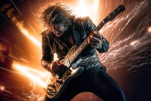 Felsen Gitarrist, Metall Rockstar spielen Gitarre mit Blitz auf das Saiten. generativ ai foto