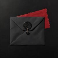 Overhead Aussicht von Wachs versiegelt schwarz Brief Briefumschlag eben legen. Generativ ai. foto