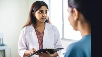 abgeschnitten Bild von weiblich Arzt halten Zwischenablage und Krankenschwester oder geduldig im Krankenhaus oder Klinik. generativ ai. foto