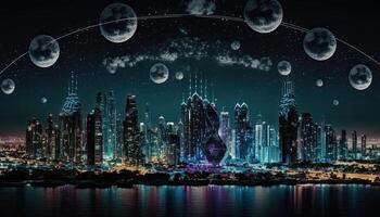 global Netzwerk Verbindung Über futuristisch Clever Stadt. Panorama Antenne Stadtbild, generativ ai Digital Illustration. foto