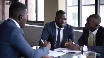 realistisch Porträt von jung afrikanisch Geschäft Kollegen diskutieren Papierkram im ein Büro. generativ ai Illustration. foto