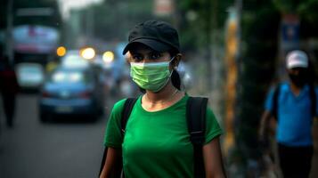 Porträt von Lieferung Mädchen tragen Grün T-Shirt und schützend Maske beim Straße, Arbeit zum Kurier Service. generativ ai. foto