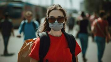 Porträt von Lieferung Mädchen tragen rot T-Shirt, Sonnenbrille und schützend Maske. Arbeit zum Kurier Service. generativ ai. foto