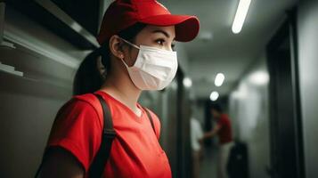 Seite Aussicht von Lieferung Mädchen tragen rot T-Shirt und medizinisch Maske im dunkel Hintergrund. generativ ai. foto