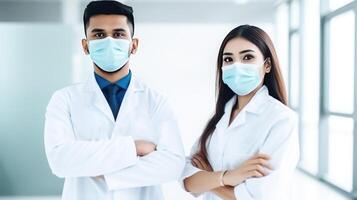 jung männlich und weiblich Arzt tragen Masken während Stehen zusammen im Flur von Krankenhaus, generativ ai. foto