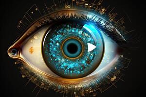 Auge Hologramm im Nahaufnahme, futuristisch Vision Scan Technologie. generativ ai. foto