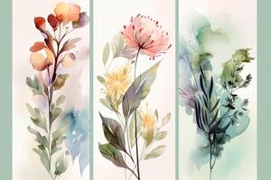 Aquarell botanisch Komposition Vertikale Hintergrund oder Karte Design mit Blumen, Blätter. generativ ai Illustration. foto