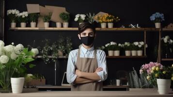 Porträt von Florist Teenager Junge tragen Maske im seine Blumen- Geschäft, generativ ai. foto