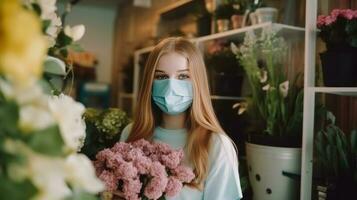 Porträt von amerikanisch Teenager Mädchen Florist tragen Maske im ihr Blumen- Geschäft, generativ ai. foto