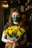 Porträt von attraktiv jung Mädchen tragen Maske und halten Gelb Blume Strauß, generativ ai. foto