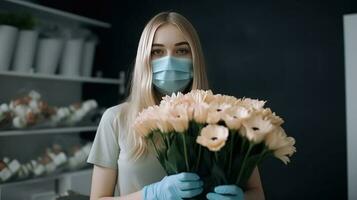 Porträt von Russisch Florist Teenager Mädchen tragen Maske und halten schön Strauß im ihr Geschäft, generativ ai. foto