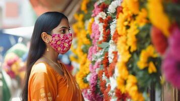 Seite aussehen von indisch Frau tragen Maske während Einkaufen von Blume Geschäft, generativ ai. foto