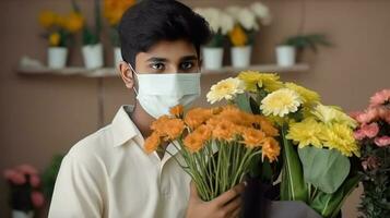 Nahansicht Porträt von indisch Teenager Junge tragen Maske und halten Strauß im Florist Geschäft, generativ ai. foto
