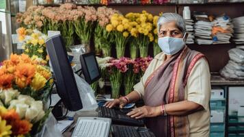 Alten indisch weiblich Assistent tragen Maske während Arbeiten im Florist Geschäft, generativ ai. foto