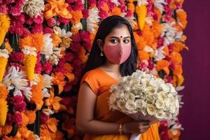 schön indisch Frau tragen Saree, Maske und halten Weiß Rose Strauß beim Florist Geschäft, generativ ai. foto