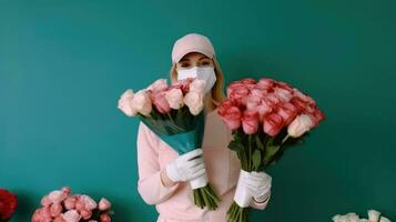 Porträt von jung weiblich Florist tragen Maske, Deckel und schön Rosen Strauß beim Arbeitsplatz. generativ ai. foto
