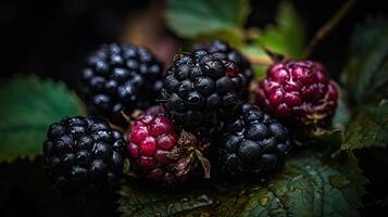 schön organisch Hintergrund von frisch Süss Brombeeren mit Wasser Tröpfchen, erstellt durch generativ ai Technologie. foto