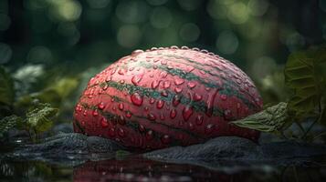 Nahansicht von frisch Wassermelone mit Wasser Tröpfchen und Pflanze auf Natur Hintergrund, erstellt durch generativ ai Technologie. foto