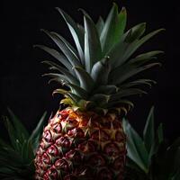 auffällig Fotografie von köstlich reif Ananas mit Grün Blätter auf dunkel Hintergrund, generativ ai. foto