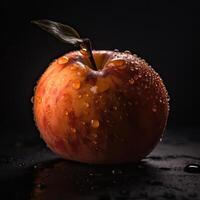 auffällig Fotografie von köstlich rot Apfel mit Wasser Tropfen auf dunkel Hintergrund, generativ ai. foto