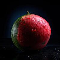 auffällig Fotografie von köstlich reif Wassermelone mit Wasser Tropfen auf dunkel Hintergrund, generativ ai. foto