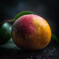 auffällig Fotografie von köstlich reif alphonso Mango mit Wasser Tropfen und Grün Blätter auf dunkel Hintergrund. generativ ai. foto