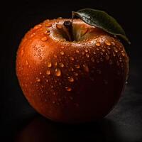 auffällig Fotografie von Apfel mit Wasser Tropfen auf dunkel Hintergrund, generativ ai. foto