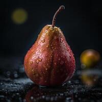 auffällig Fotografie von köstlich reif Birne mit Wasser Tropfen auf dunkel Hintergrund, generativ ai. foto