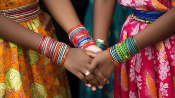 freundlich oder beiläufig Handschlag zwischen srilankan Frauen im ihr traditionell Kleidung. generativ ai. foto