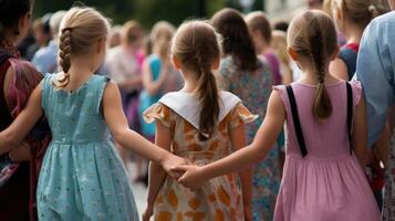 Rückseite Aussicht von jung Mädchen halten Hände im beiläufig Kleid auf Menge Ort. generativ ai Abbildung. foto