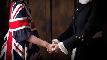 freundlich oder beiläufig Handschlag zwischen britisch Frauen im ihr traditionell Kleidung. generativ ai. foto