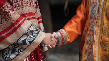 freundlich oder beiläufig Handschlag zwischen indonesisch Frauen im ihr traditionell Kleidung. generativ ai. foto