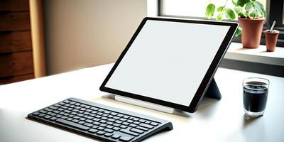 realistisch Tablette Attrappe, Lehrmodell, Simulation zum App Präsentationen. das Tablette Attrappe, Lehrmodell, Simulation von über Lügen leicht geneigt auf ein hölzern Schreibtisch - - generativ ai foto