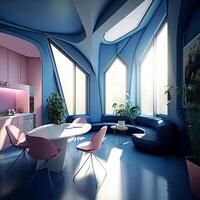 futuristisch Innere Stil Wohnzimmer, modern gemütlich Leben Zimmer mit einfarbig erröten. ai generativ. foto