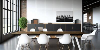 modern Büro Innere Design . zeitgenössisch Arbeitsplatz zum kreativ Geschäft. ai generativ Bild. foto